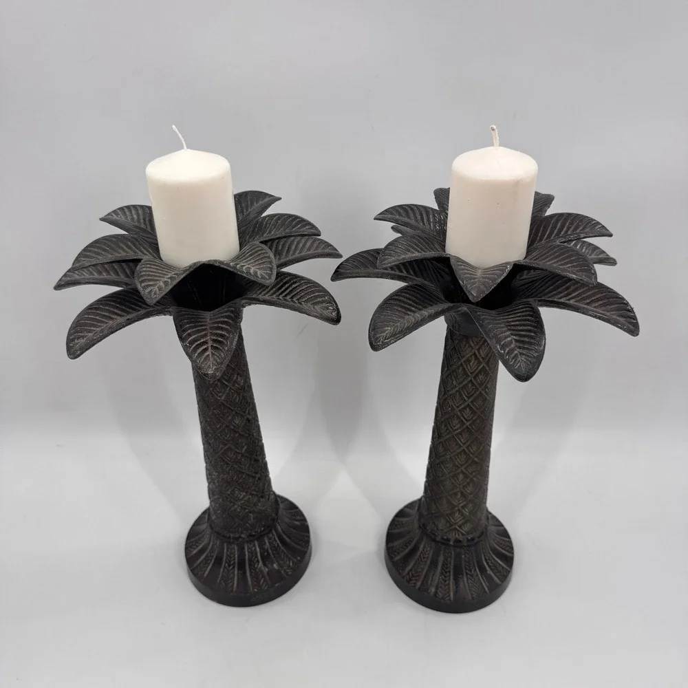 Vintage Iron Palm Tree Candle Holders Pair 15